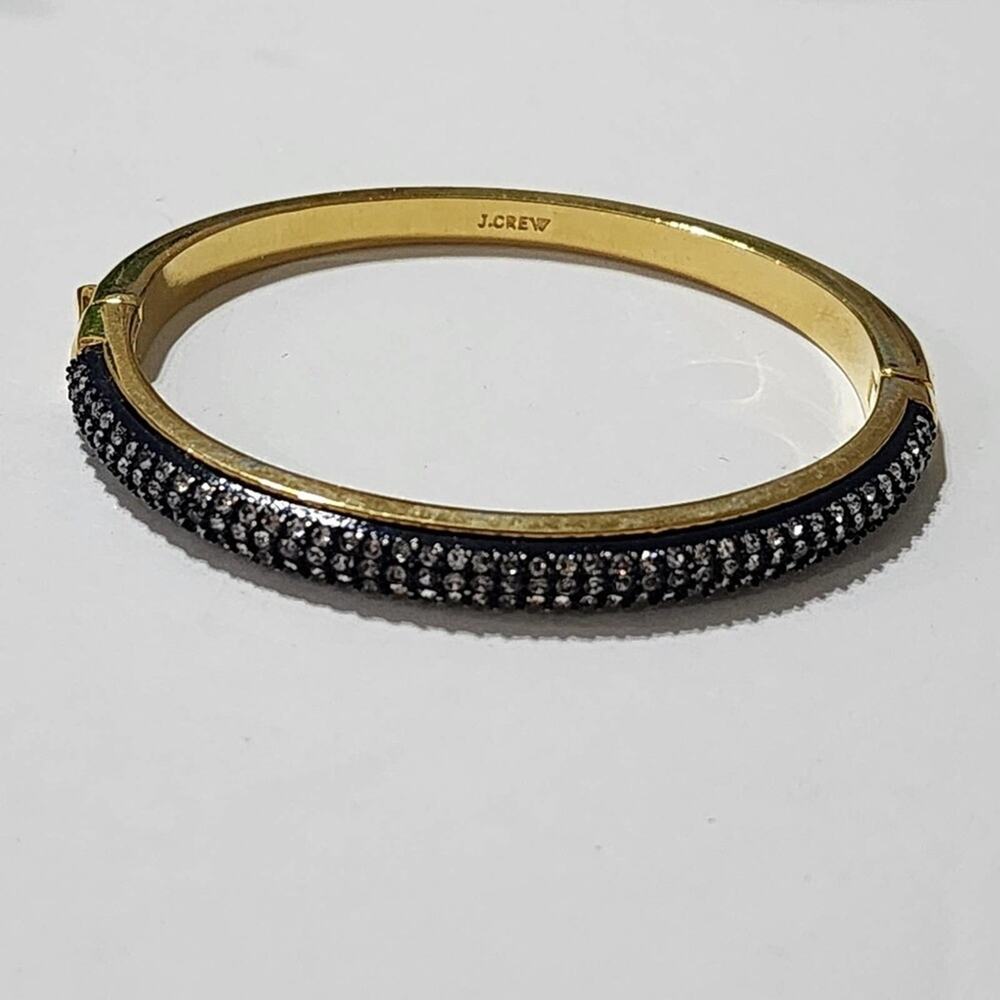 J. Crew Gold Tone Pave Crystal Hinge Bangle Bracelet Black Sparkle with Dust Bag - Picture 5 of 7